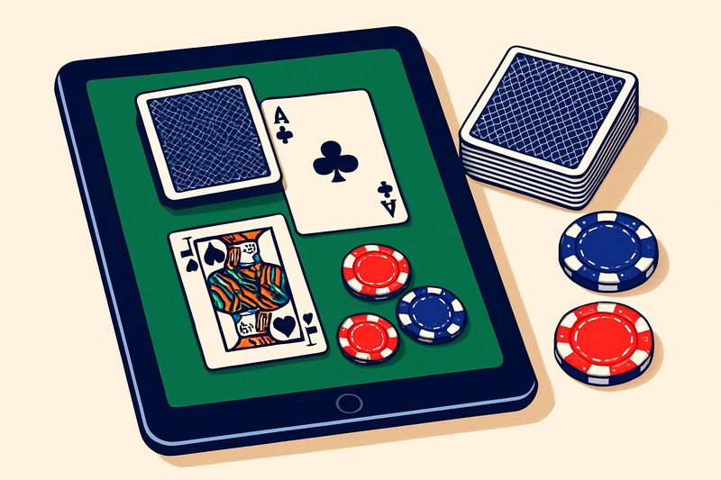 Tablet ekranında online blackjack oyunu ve fişler