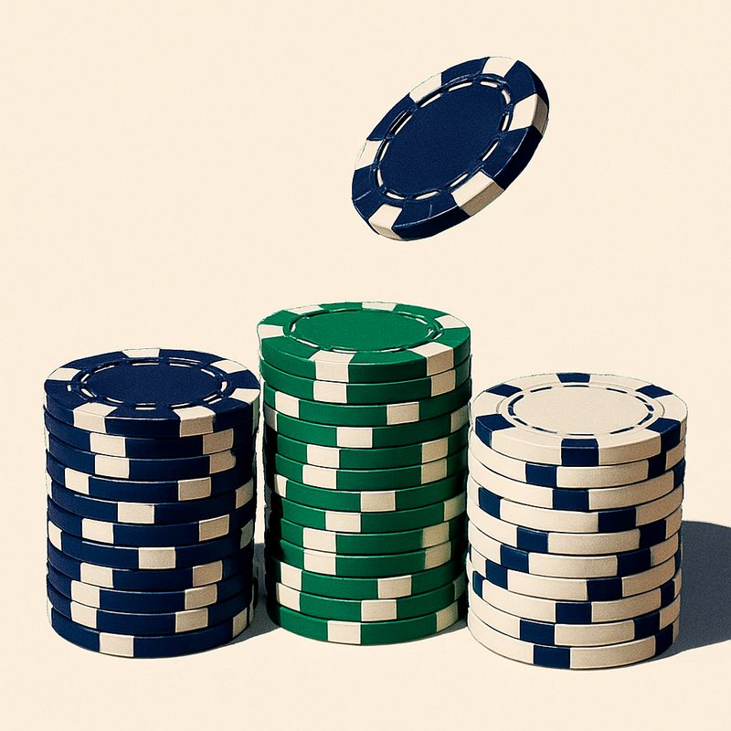 Lacivert, yeşil ve beyaz casino fişi kuleleri