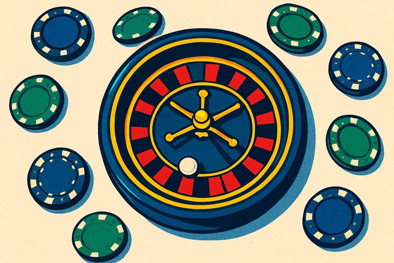 Online rulet çarkı ve etrafına dizilmiş casino fişleri